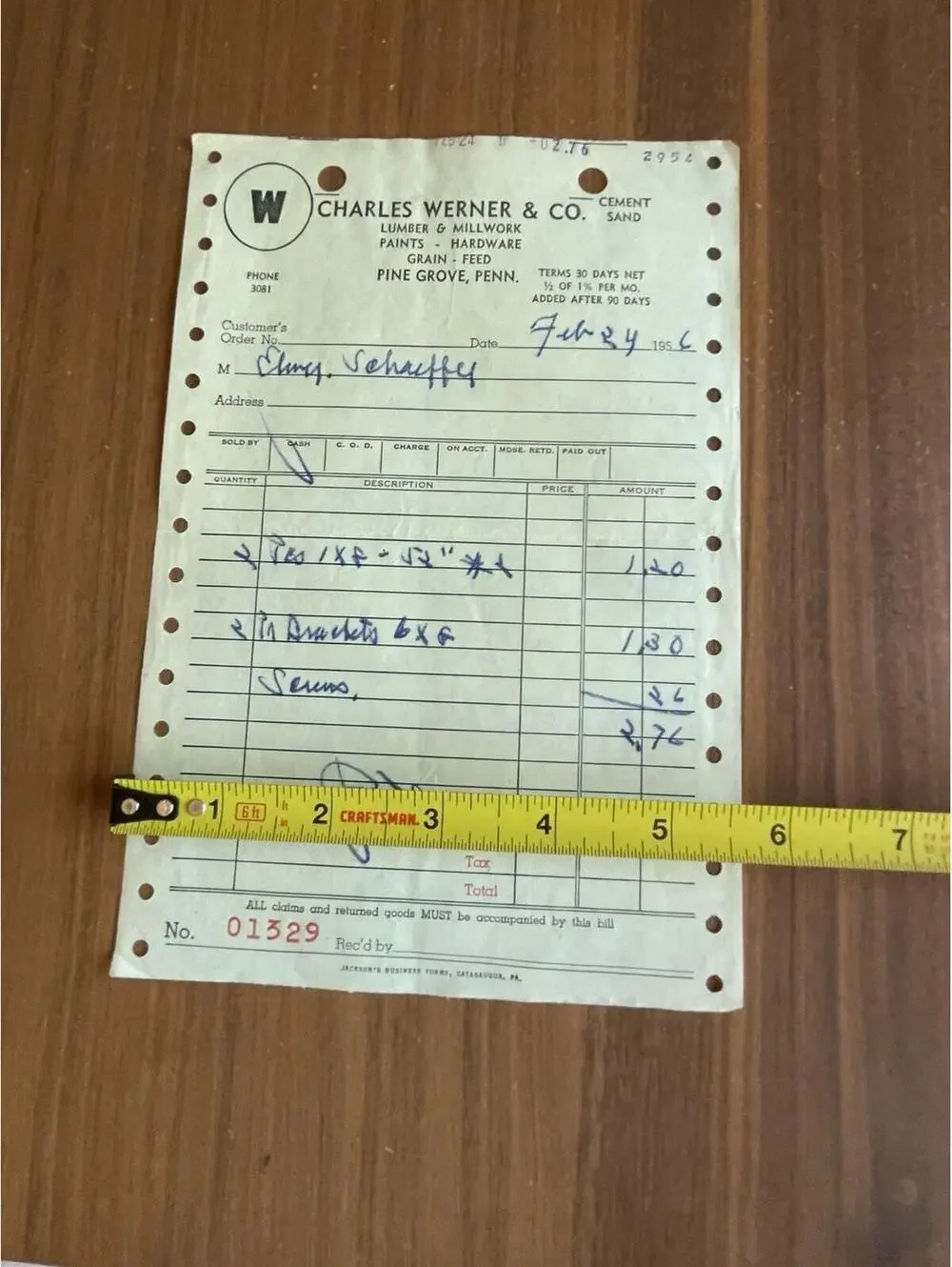 Charles Werner & Co Receipt Invoice Pine Grove Pennsylvania 1956